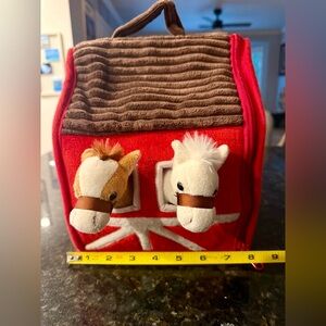 Plush Horse barn with stuffed animal horses farmer in play carrying case.